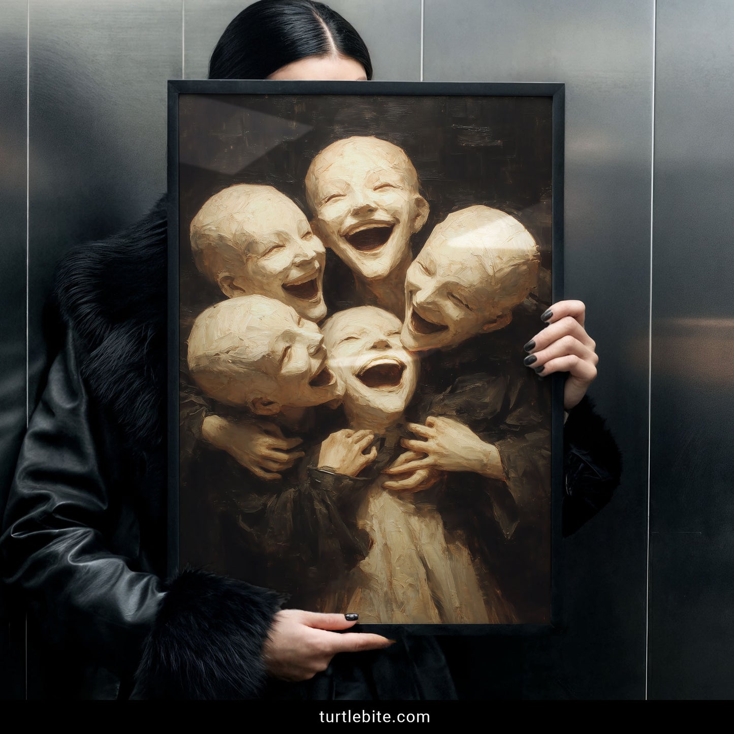 Macabre wall art depicting eerie children in sepia tones with psychological horror aesthetic