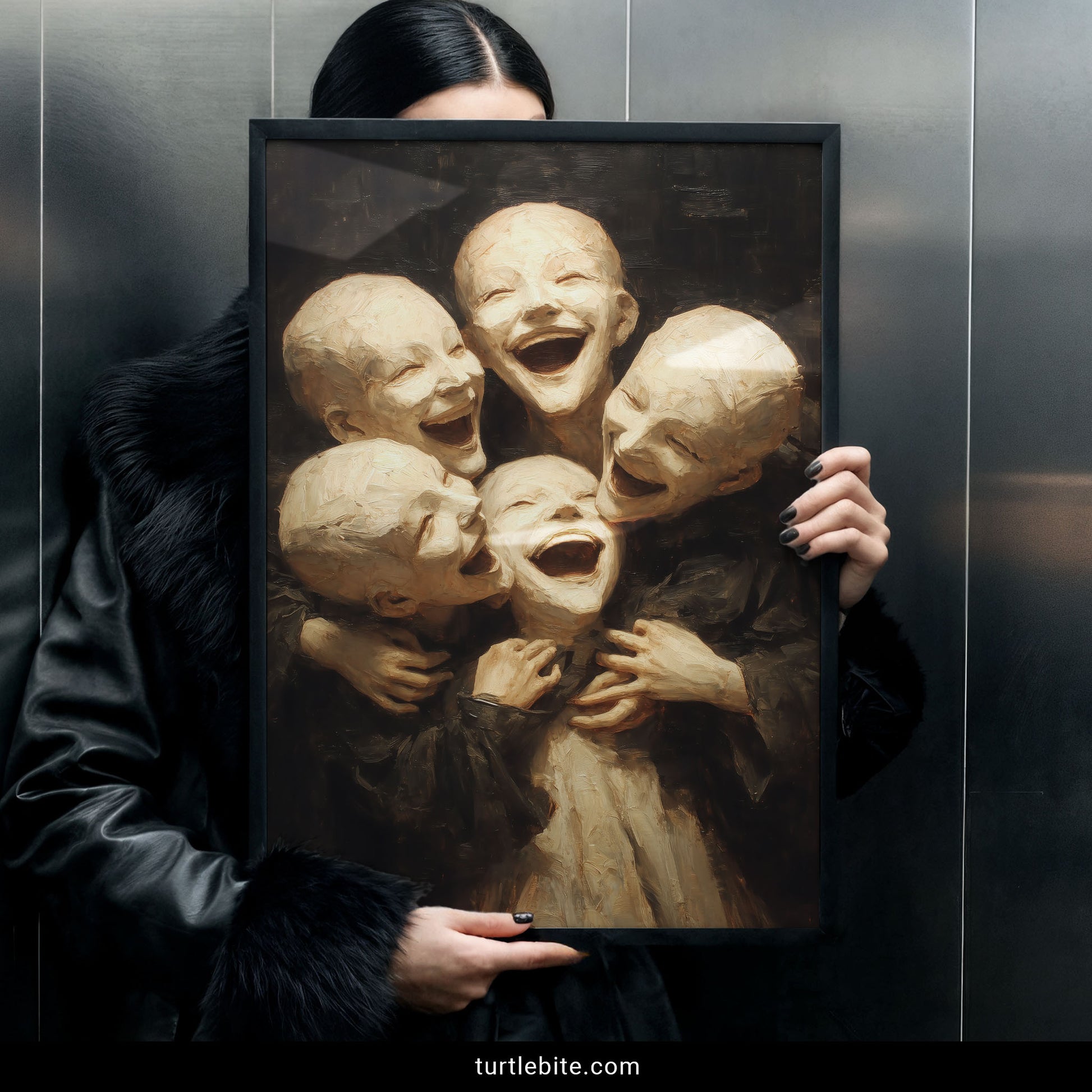 Macabre wall art depicting eerie children in sepia tones with psychological horror aesthetic