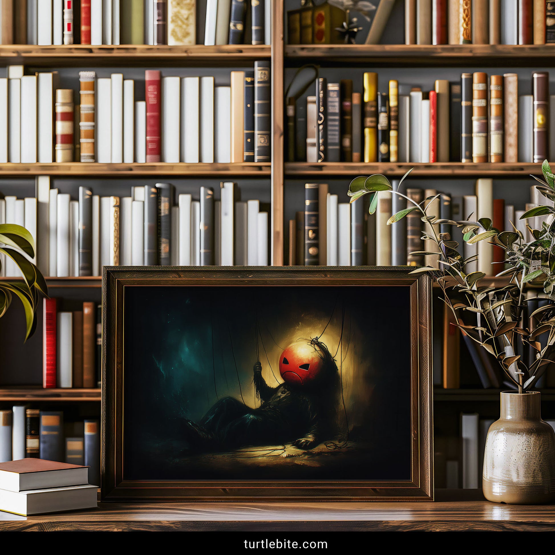 Disturbing bizarre artwork of melancholic marionette doll with red mask in shadowy gothic horror poster print