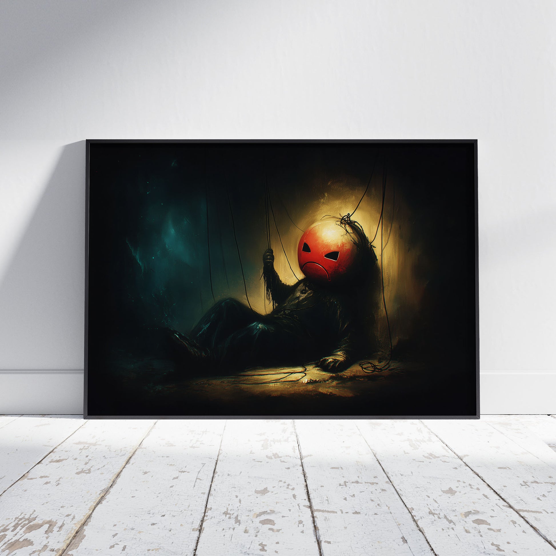 Creepy cute red puppet marionette sitting against wall in dramatic golden and teal lighting for gothic horror poster art
