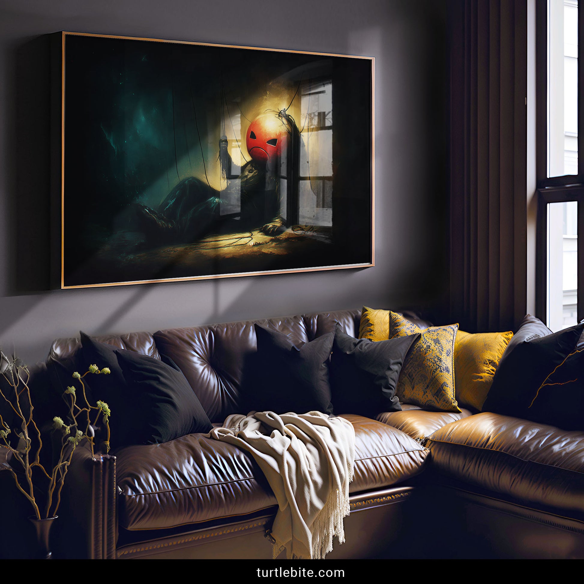 Strange macabre art showing forgotten puppet against wall with dramatic lighting for alternative home decor