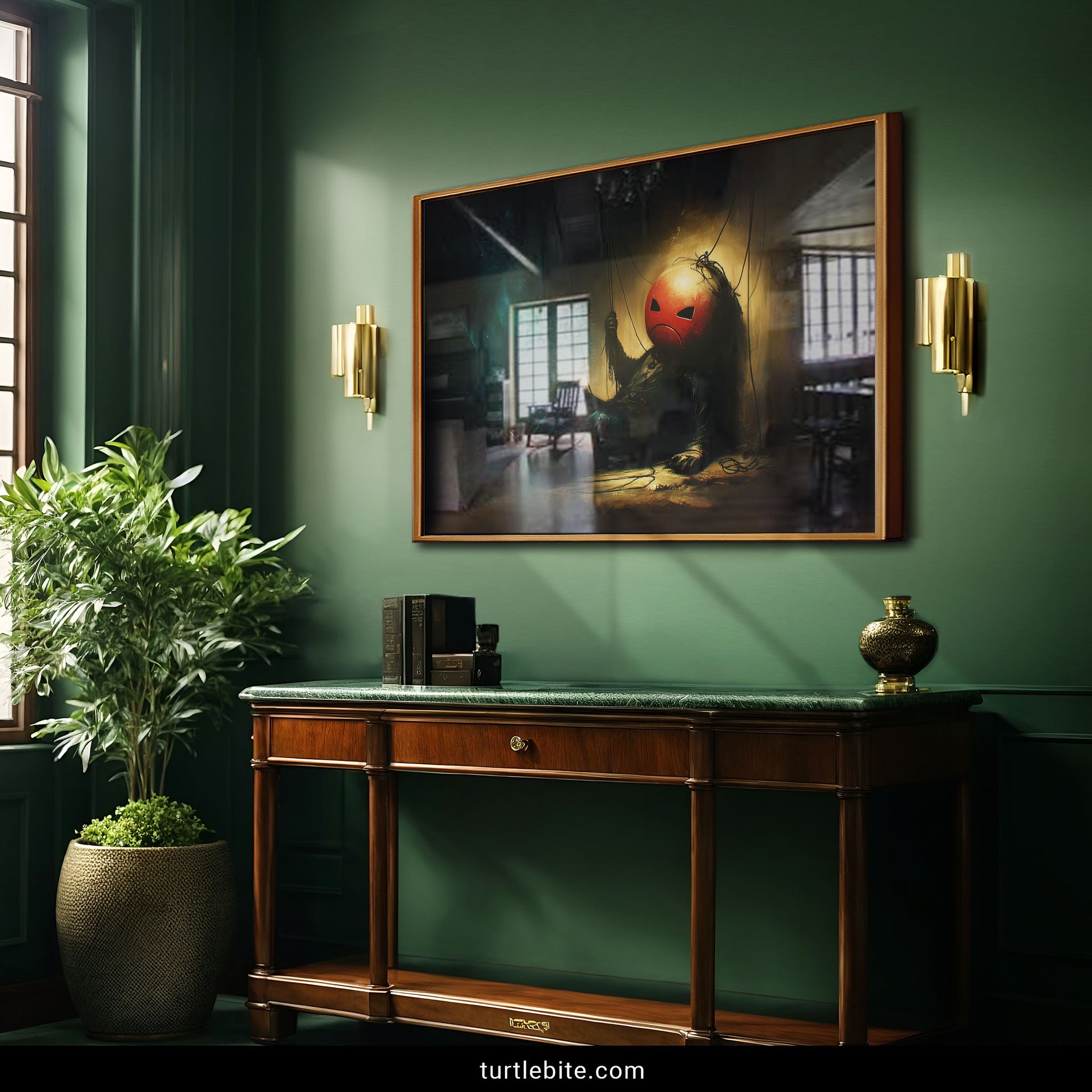 Disturbing bizarre artwork of melancholic marionette doll with red mask in shadowy gothic horror poster print