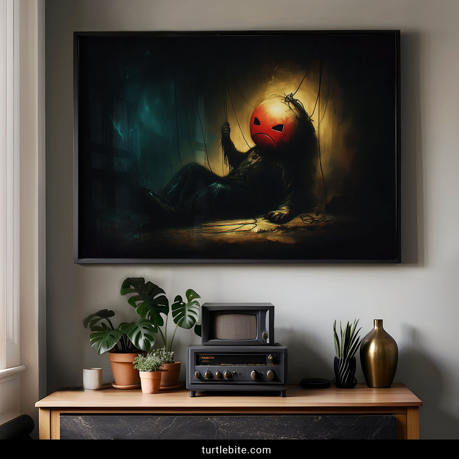 Unusual creepy wall art depicting theatrical puppet character in surreal horror atmosphere with golden glow