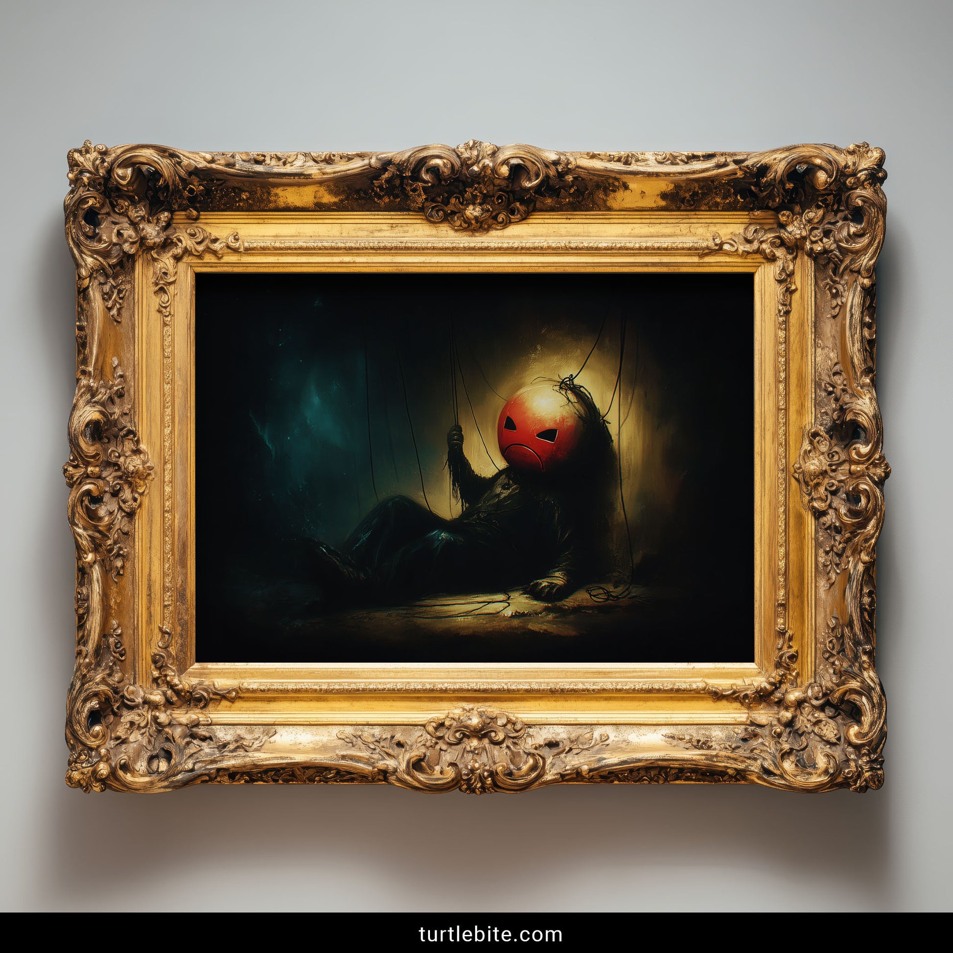 Strange macabre art showing forgotten puppet against wall with dramatic lighting for alternative home decor