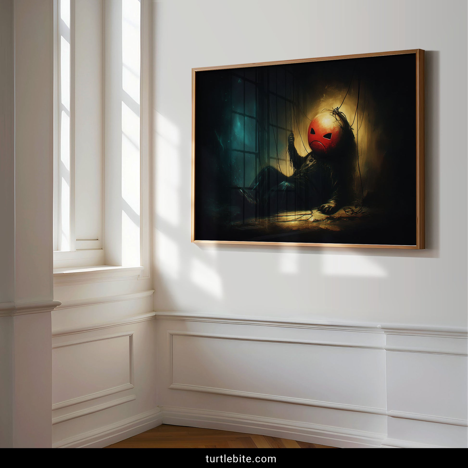 Unusual creepy wall art depicting theatrical puppet character in surreal horror atmosphere with golden glow