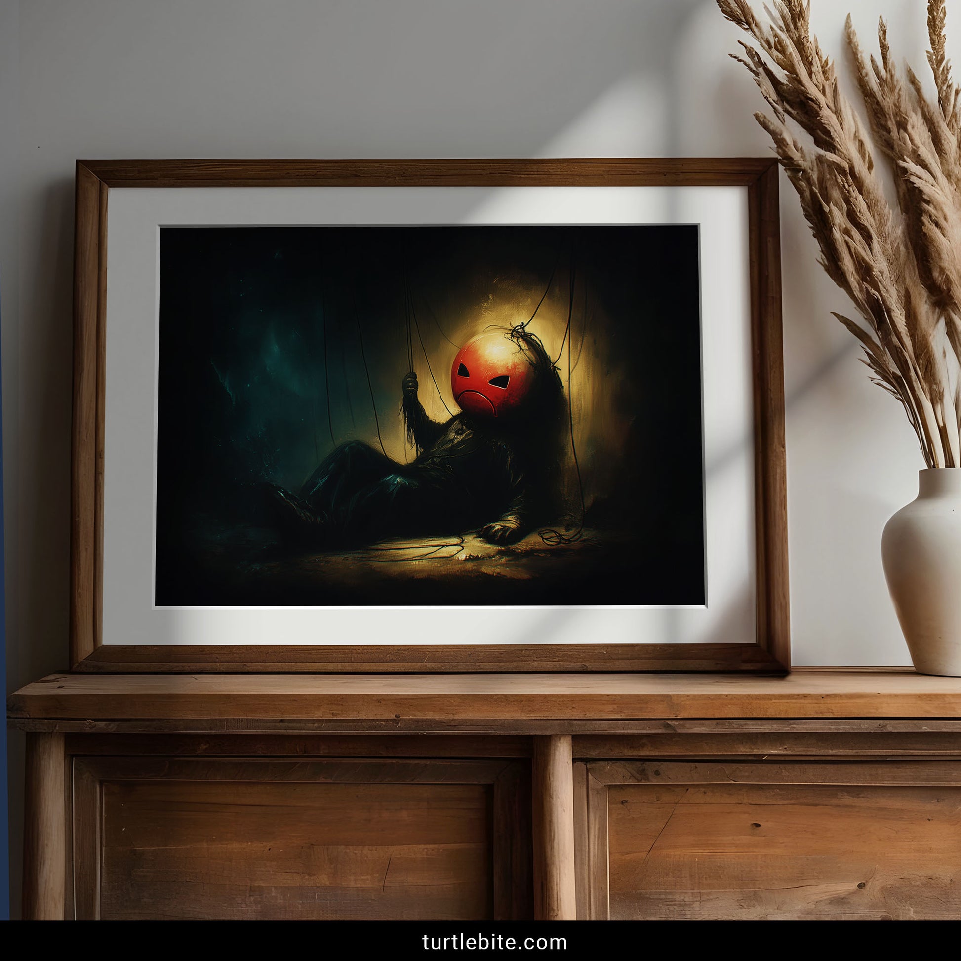 Surreal dark art print featuring abandoned sad puppet with tangled strings in atmospheric nightmare aesthetic wall decor