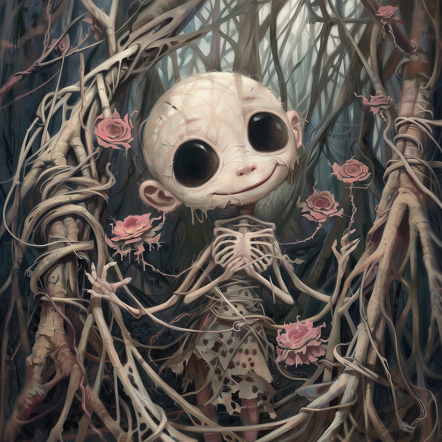 Creepy Cute Horror Doll Surrounded by Pink Roses Poster