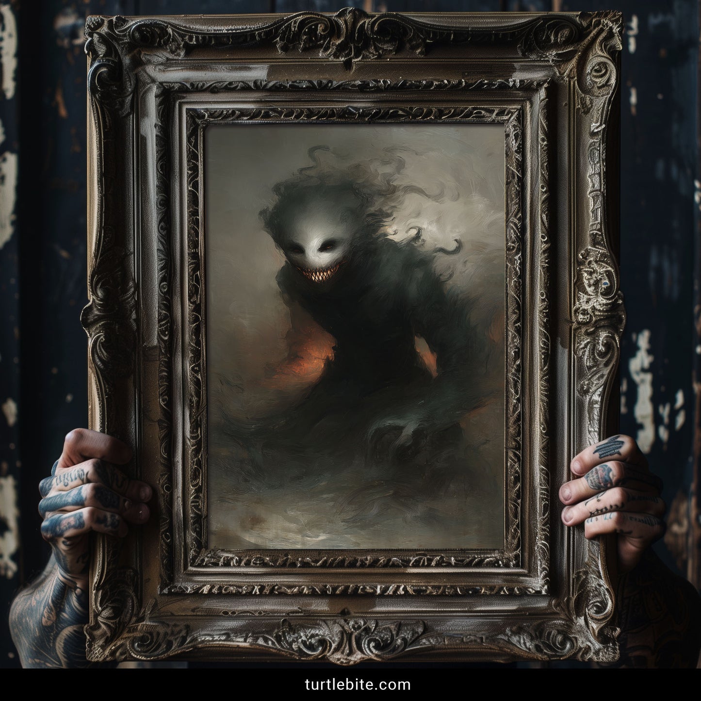 Dark art ghost creature with menacing grin surrounded by ethereal smoke scary poster
