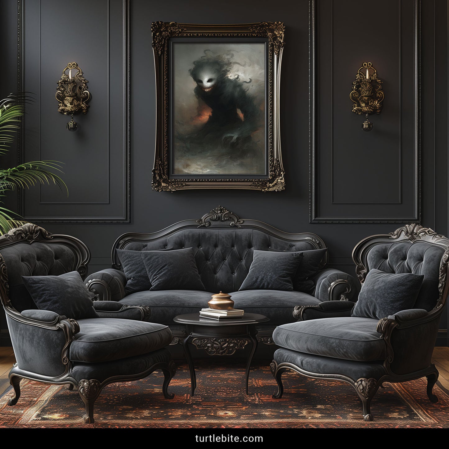 Macabre art print of terrifying ghost demon face with rows of teeth gothic home decor