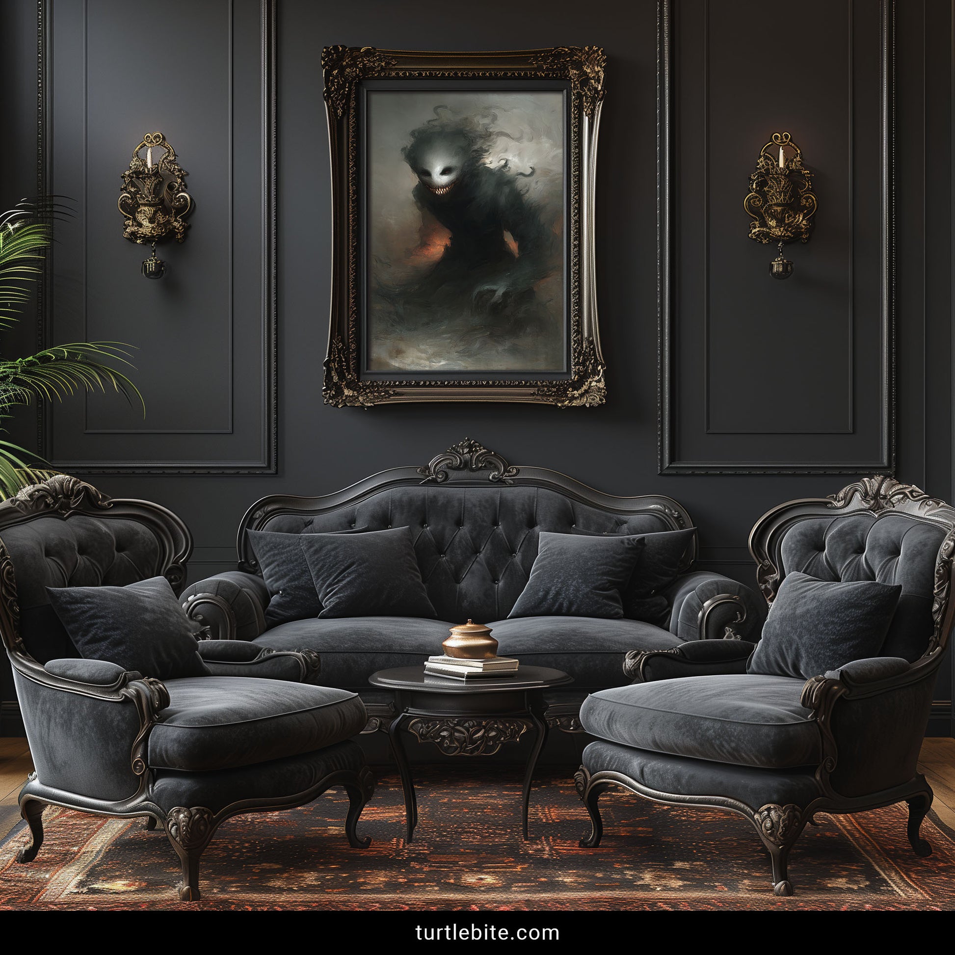 Macabre art print of terrifying ghost demon face with rows of teeth gothic home decor