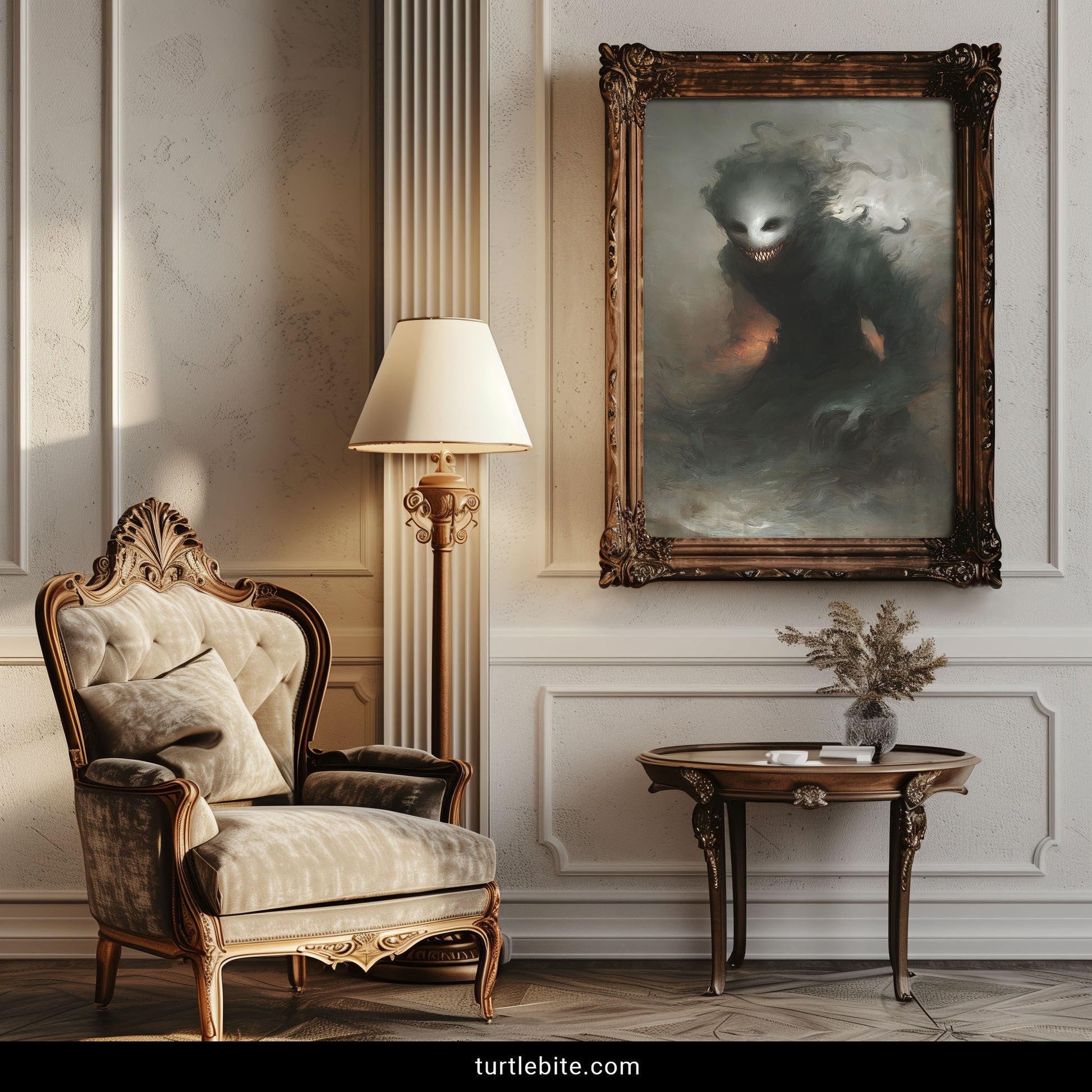 Horror decor featuring demonic ghost with glowing embers and wispy tendrils wall art