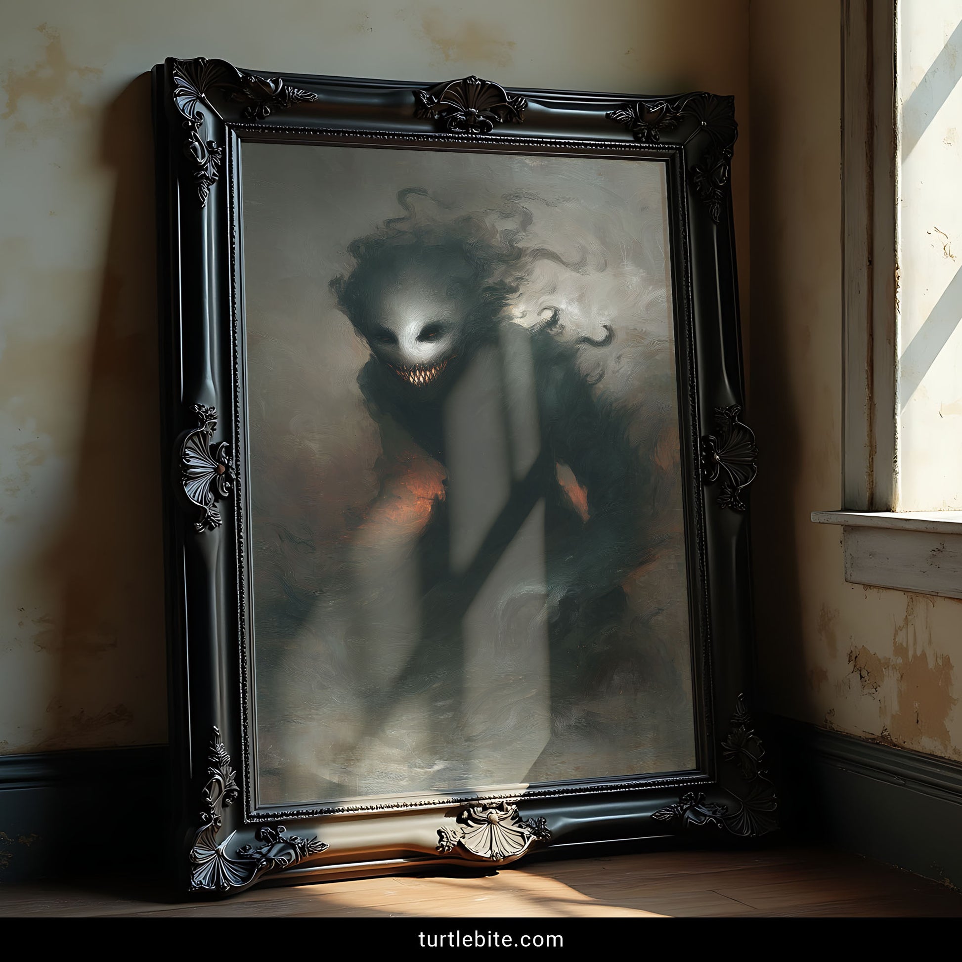 Disturbing spectral entity with skeletal face and needle teeth nightmare gothic art print