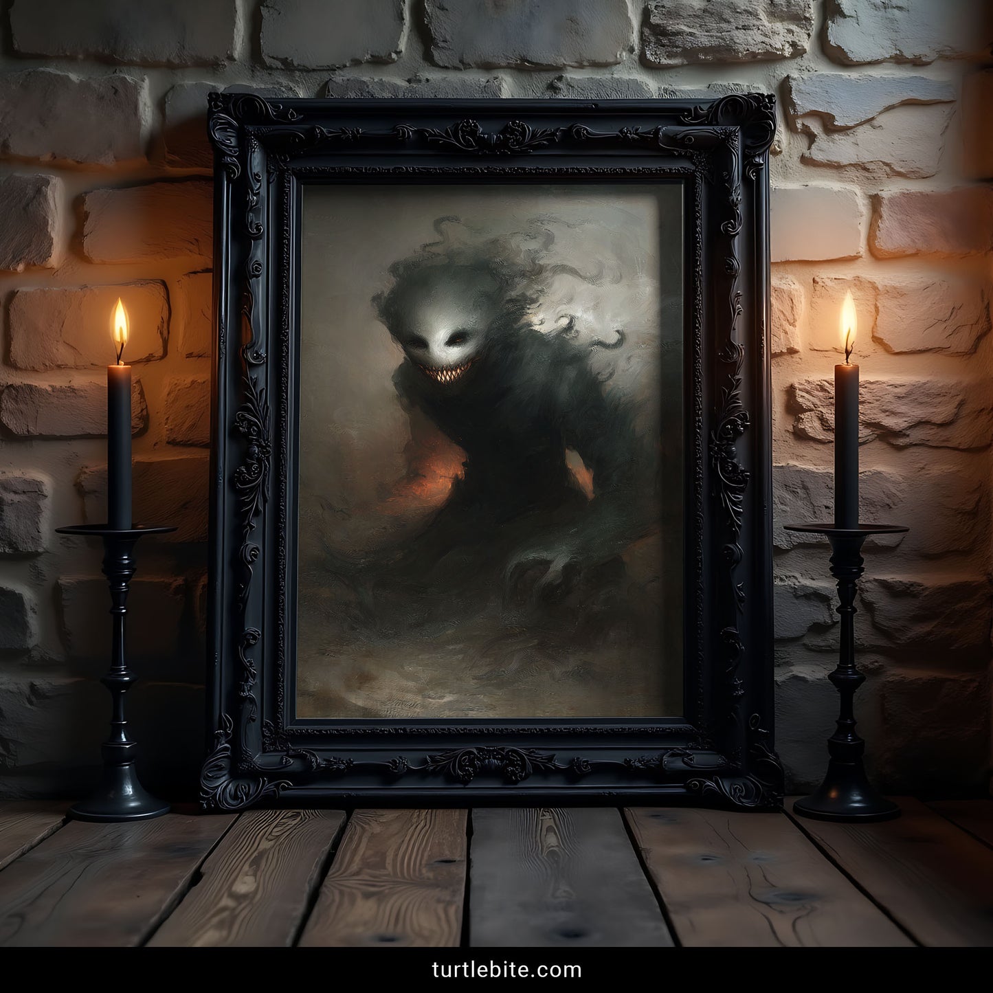 Horror decor featuring demonic ghost with glowing embers and wispy tendrils wall art