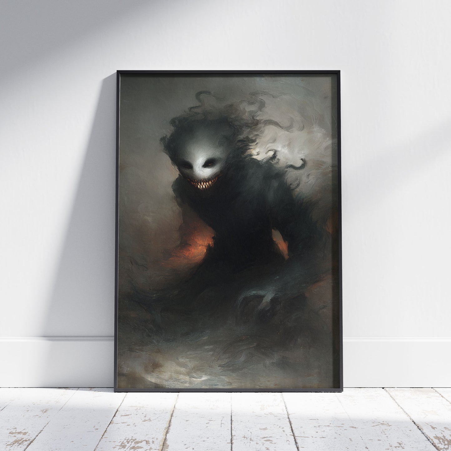 Creepy ghost demon with sharp teeth emerging from dark smoke horror wall art poster