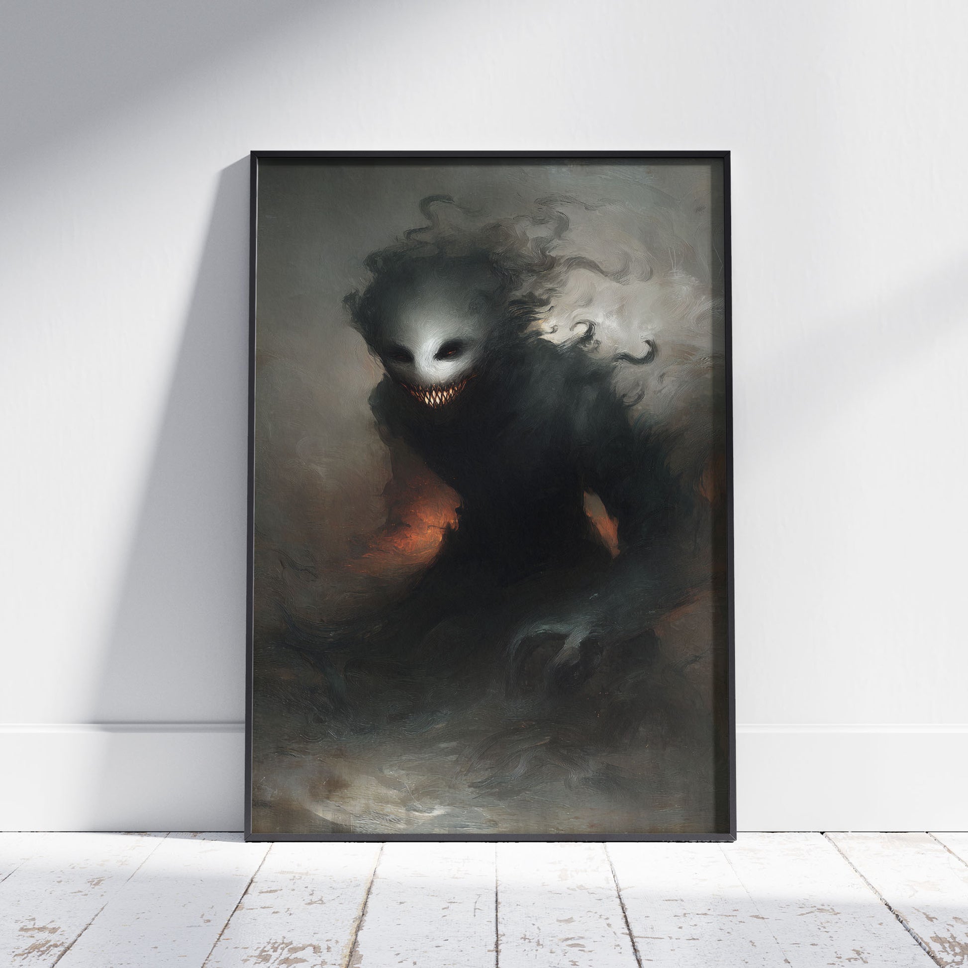 Creepy ghost demon with sharp teeth emerging from dark smoke horror wall art poster