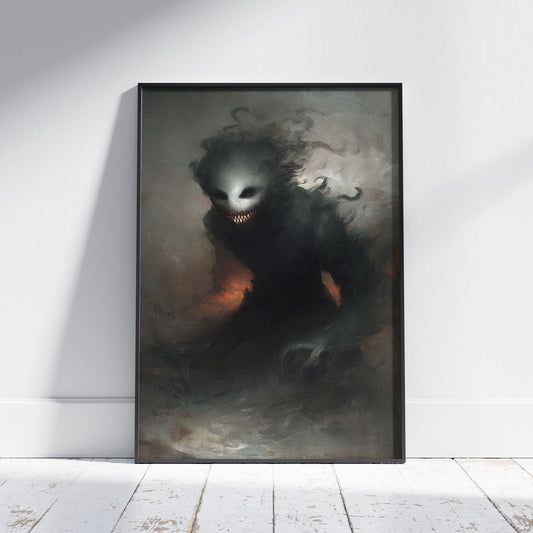 Creepy ghost demon with sharp teeth emerging from dark smoke horror wall art poster