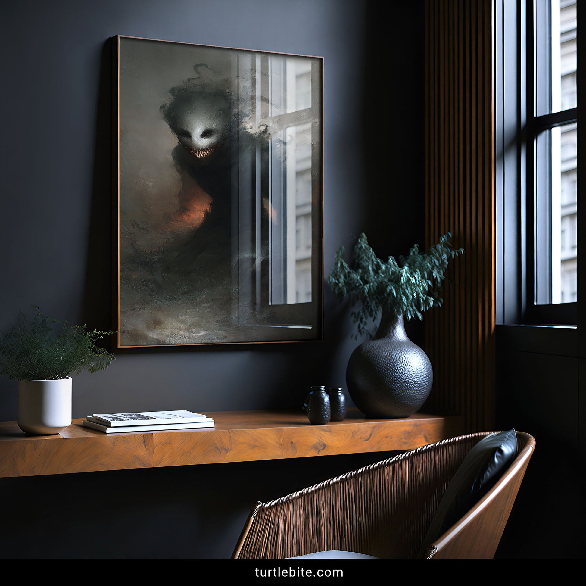 Disturbing spectral entity with skeletal face and needle teeth nightmare gothic art print