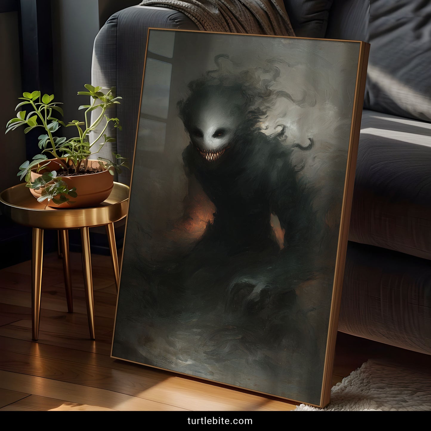 Dark art ghost creature with menacing grin surrounded by ethereal smoke scary poster