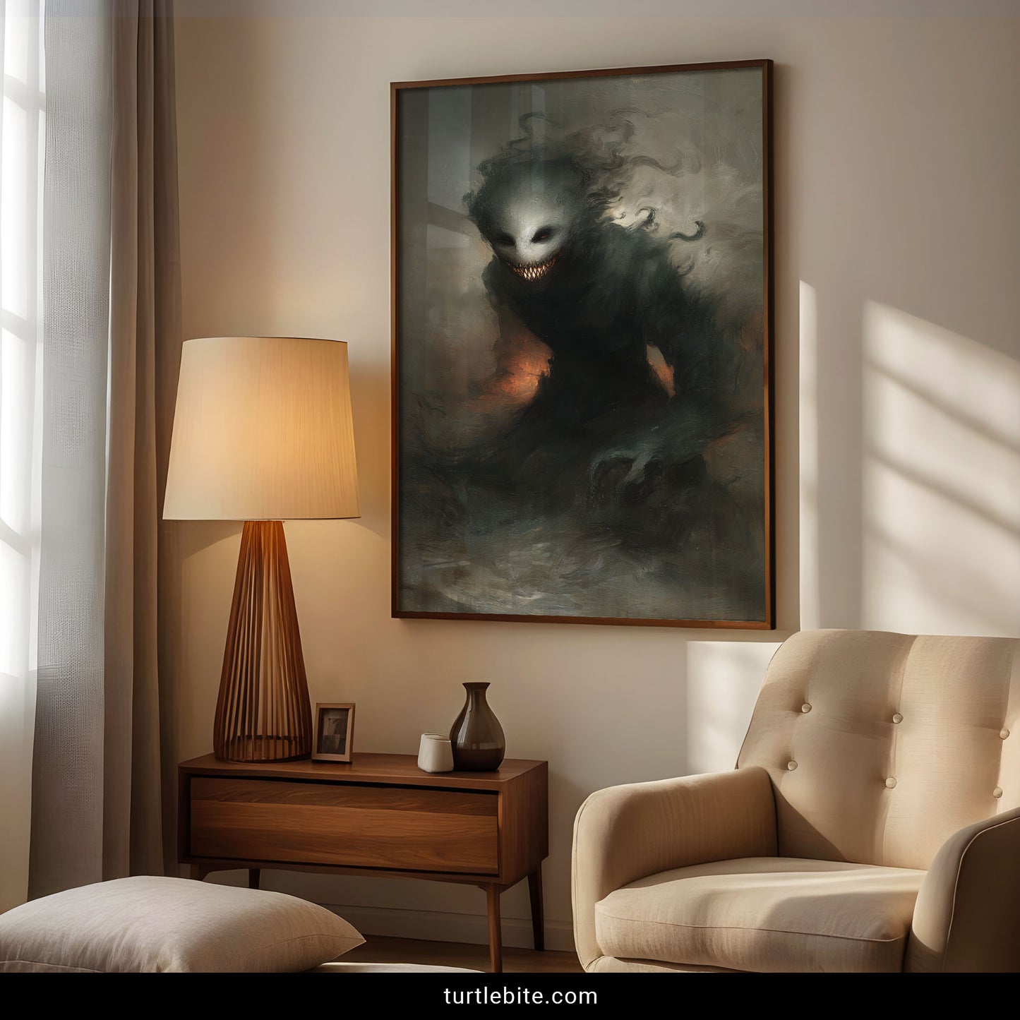 Macabre art print of terrifying ghost demon face with rows of teeth gothic home decor
