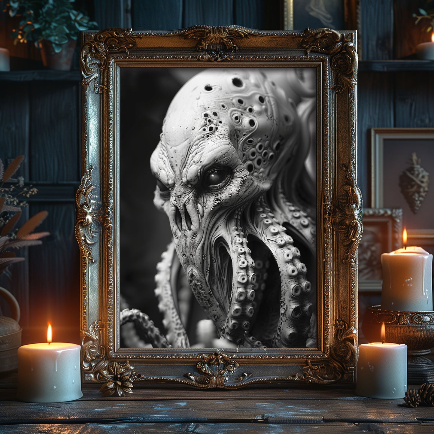 Creepy Octopus Head Poster - Black and White Monster Wall Art