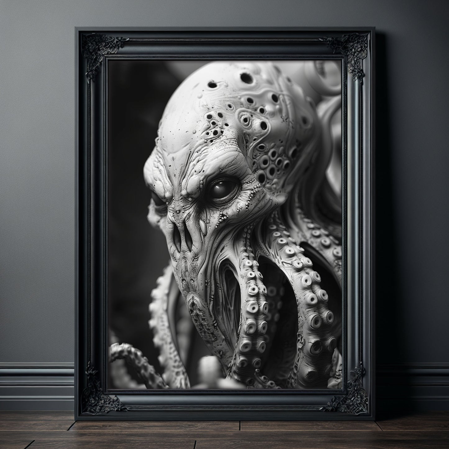 Creepy Octopus Head Poster - Black and White Monster Wall Art