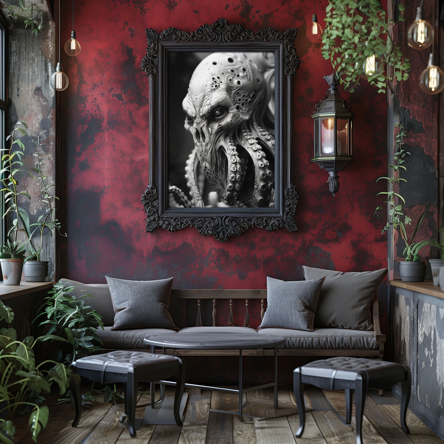 Creepy Octopus Head Poster - Black and White Monster Wall Art