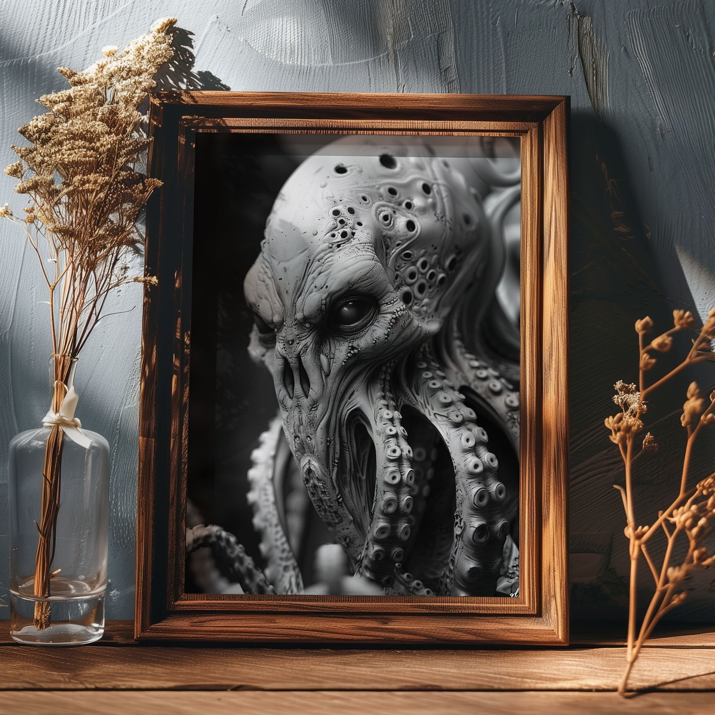 Creepy Octopus Head Poster - Black and White Monster Wall Art