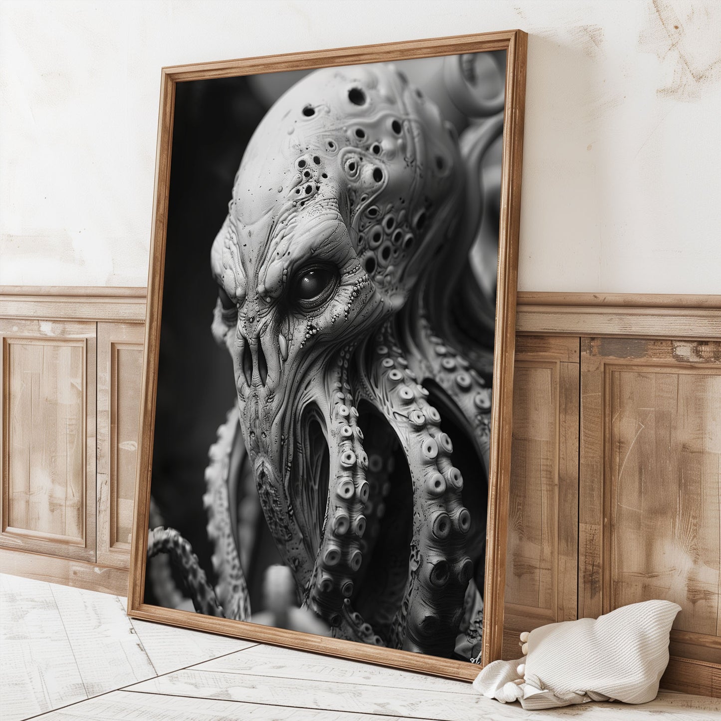 Creepy Octopus Head Poster - Black and White Monster Wall Art