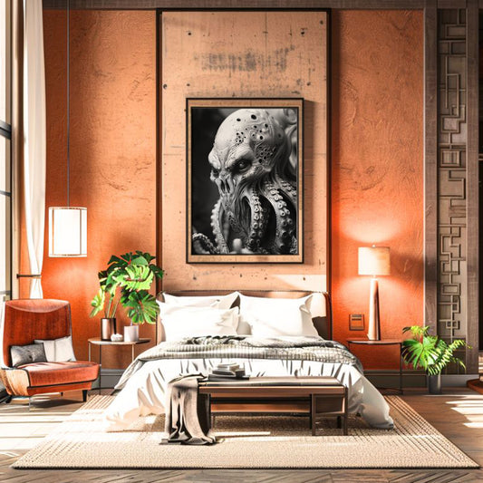 Creepy Octopus Head Poster - Black and White Monster Wall Art