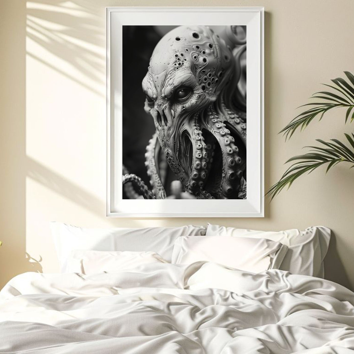 Creepy Octopus Head Poster - Black and White Monster Wall Art