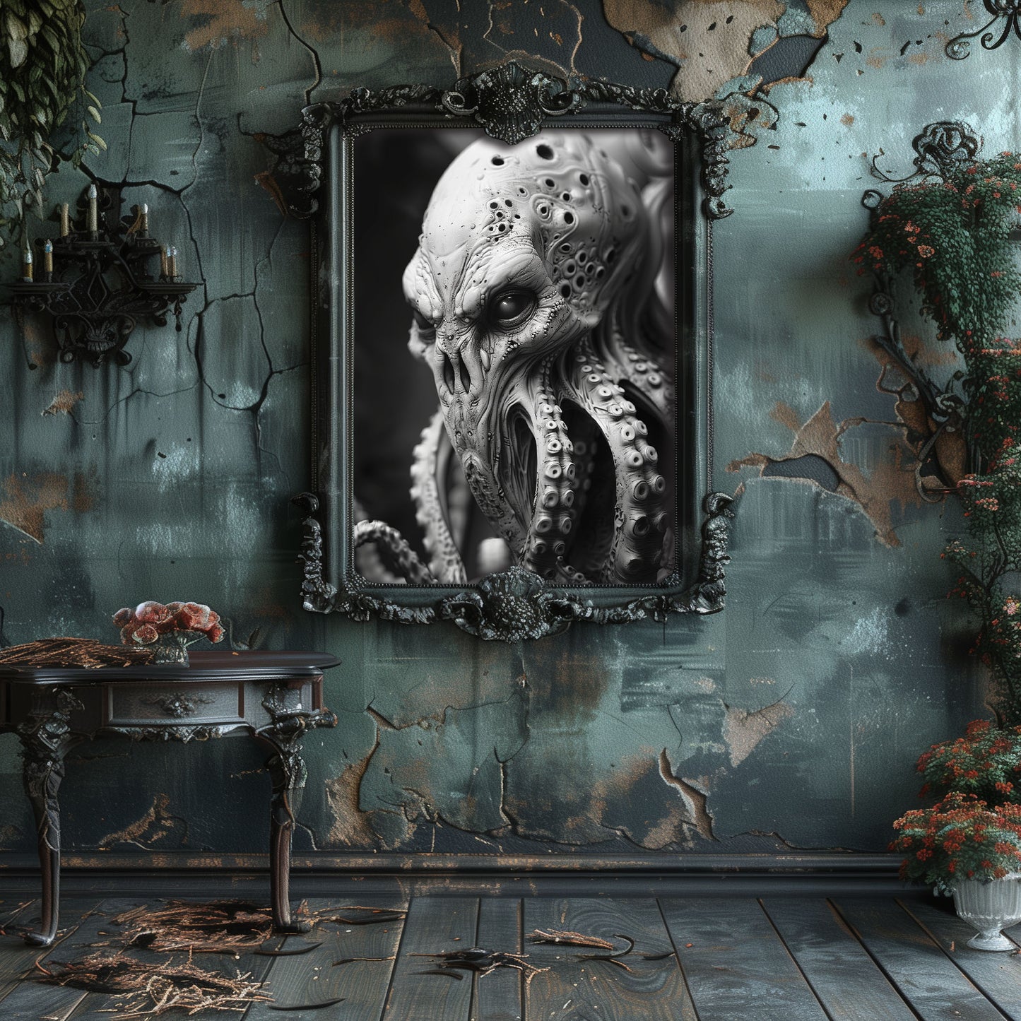 Creepy Octopus Head Poster - Black and White Monster Wall Art