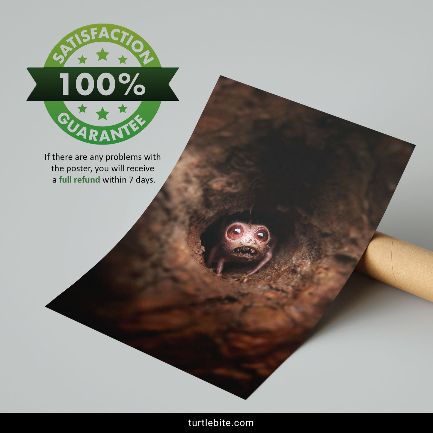 A poster print showing a small creature peeking out of a dark cave opening, displayed at an angle with a cardboard mailing tube on a light gray background. A green circular '100% Satisfaction Guarantee' badge and refund text appear on the left, with the website turtlebite.
