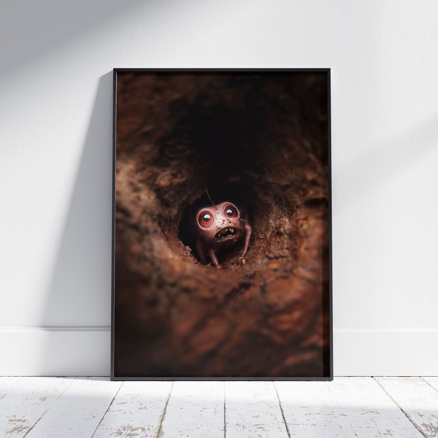 Cryptid wall art print of a big-eyed creepy cute monster peeking from a dirt hole