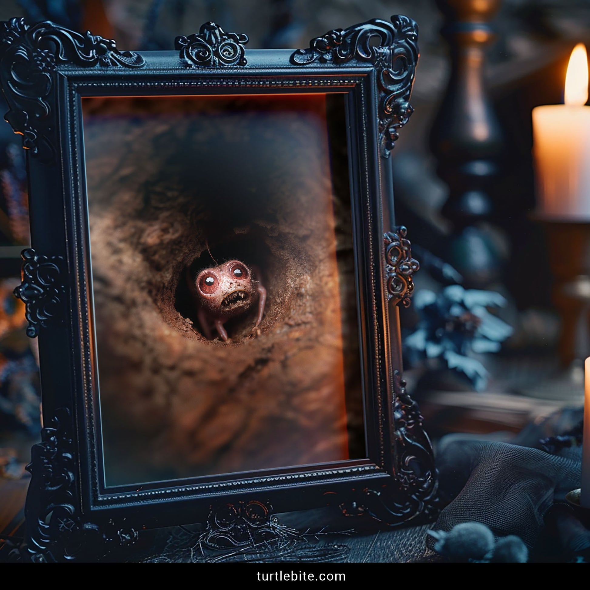 An ornate black picture frame displaying a spooky photograph of a small, wide-eyed creature peeking out of a dark hole, styled on a dark surface with a blurred candle and gothic decor in the background.