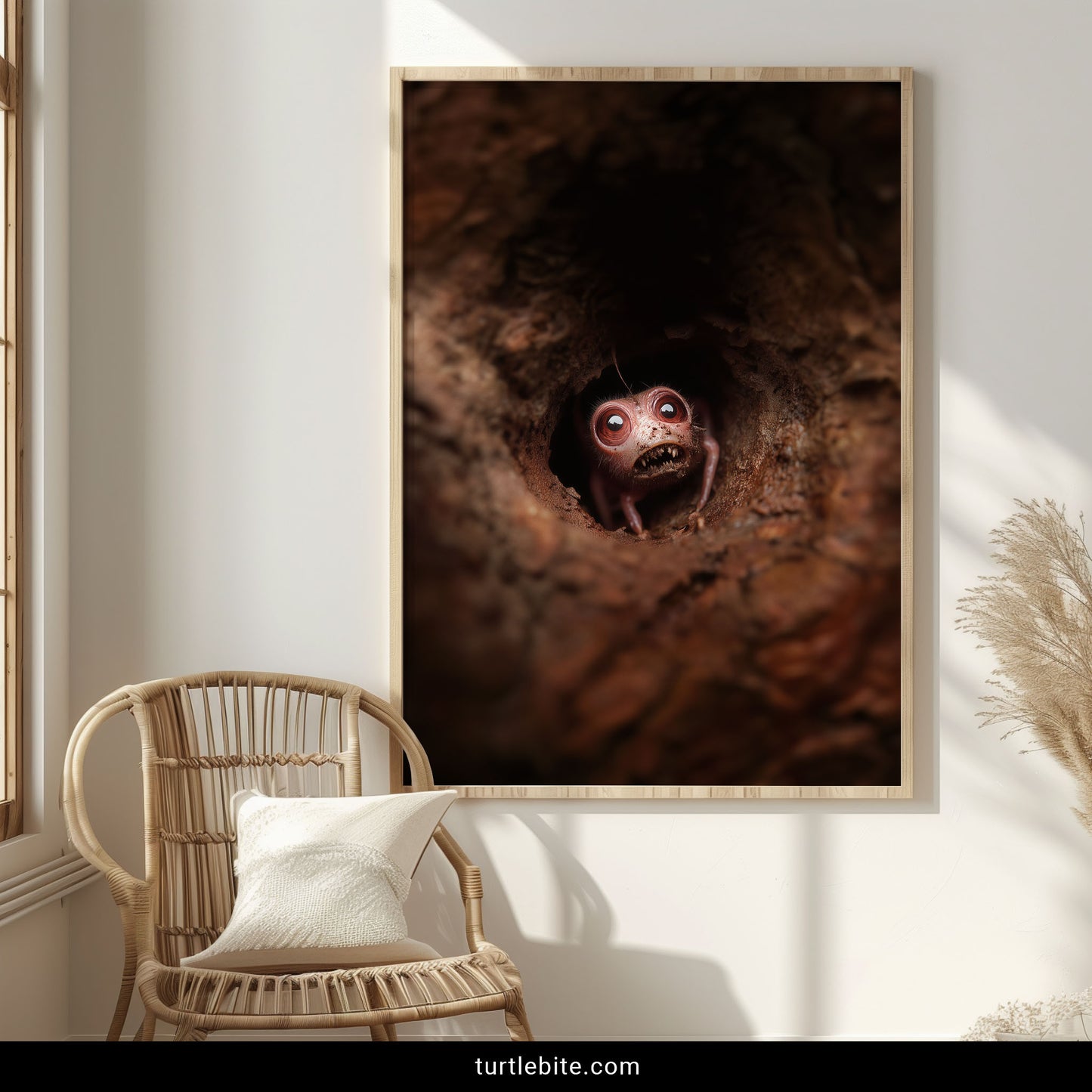 A framed vertical art print featuring a close-up photograph of a small, wide-eyed creature peeking out of a dark brown hole, displayed on a white wall in a styled room with a rattan chair and a pillow.