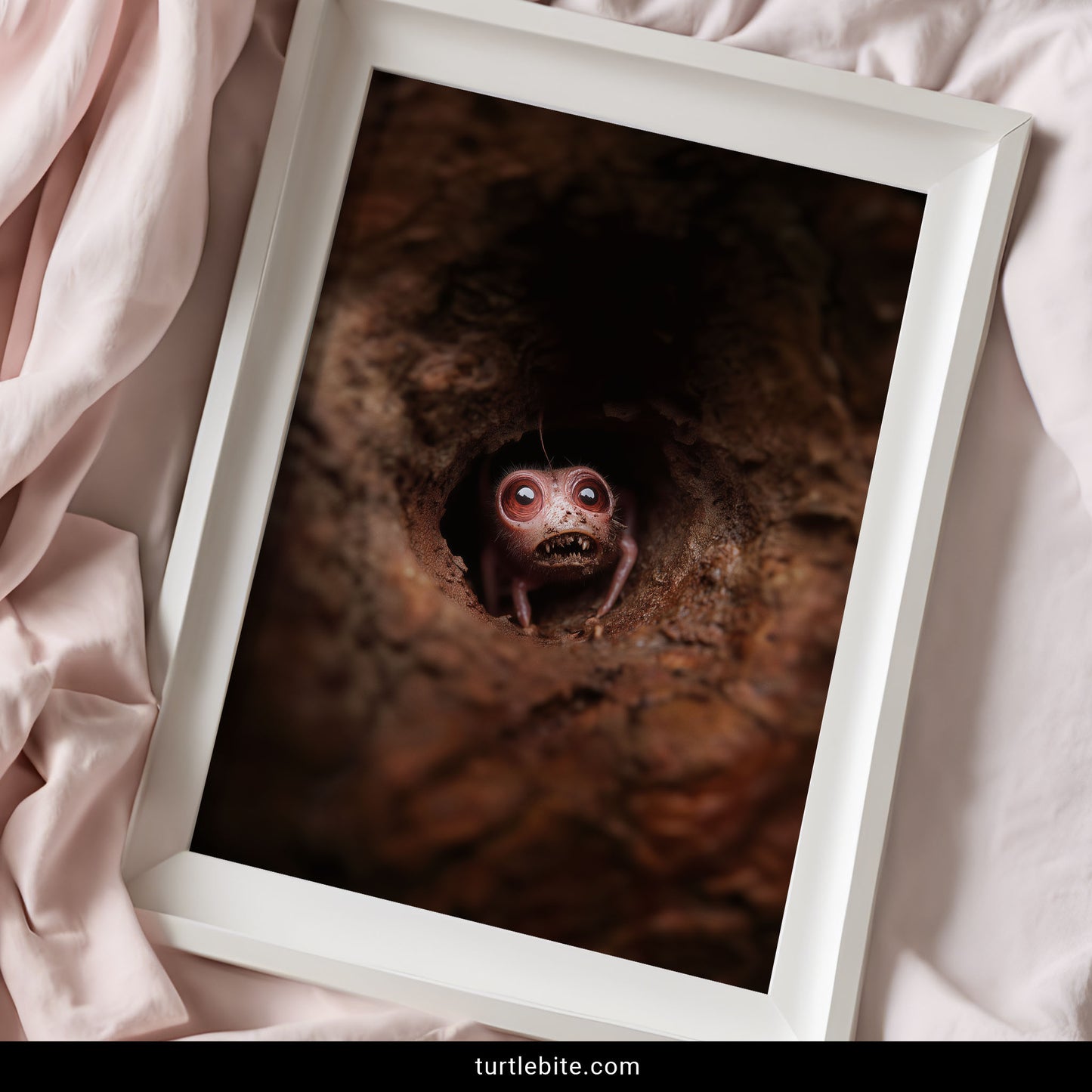 Dark whimsical surrealism print featuring a tiny monster with glowing red eyes in dirt
