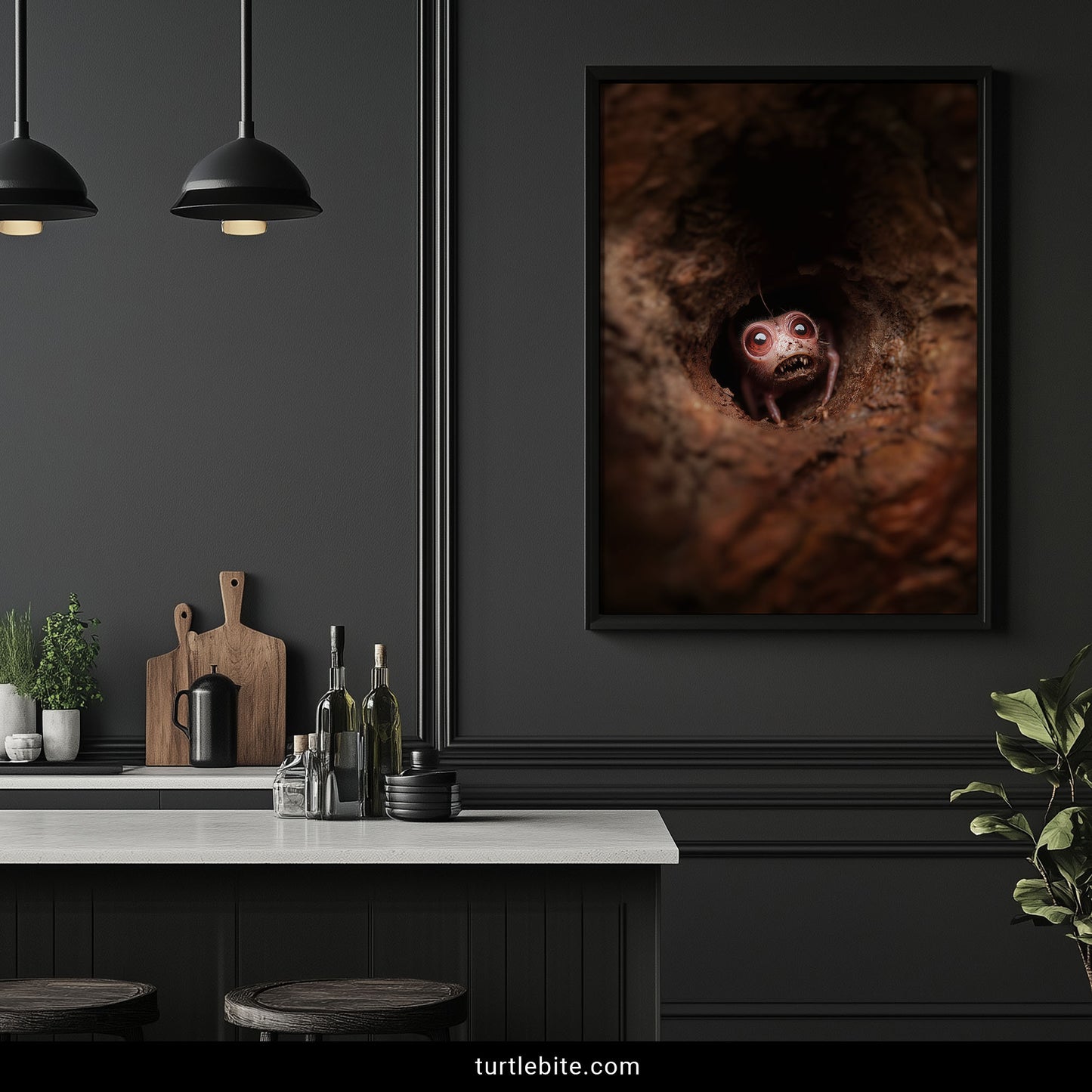 A framed vertical art print depicting a small creature peeking out of a dark, textured hole, displayed on a dark gray wall in a modern kitchen setting.