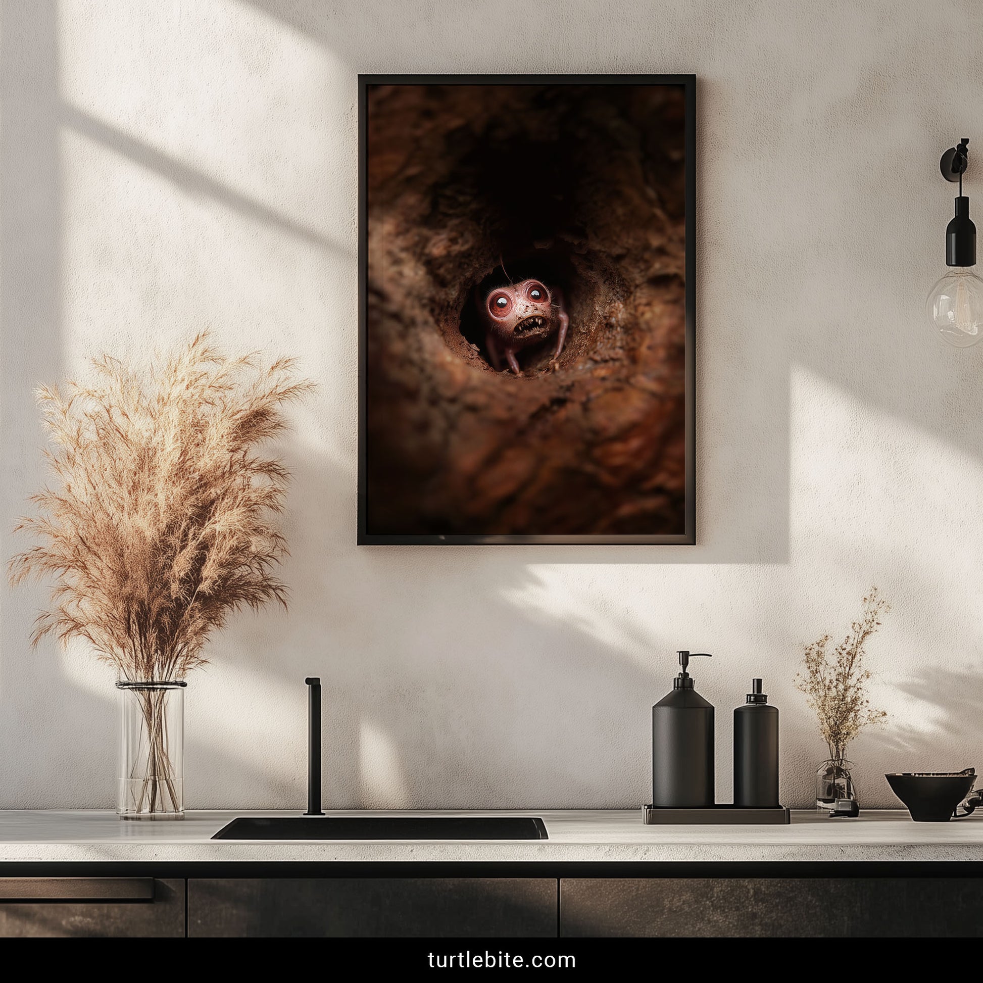 A framed vertical art print depicting a small, wide-eyed creature peeking out of a dark, textured brown cave, hanging on a textured off-white wall above a modern bathroom vanity with pampas grass and black soap dispensers.