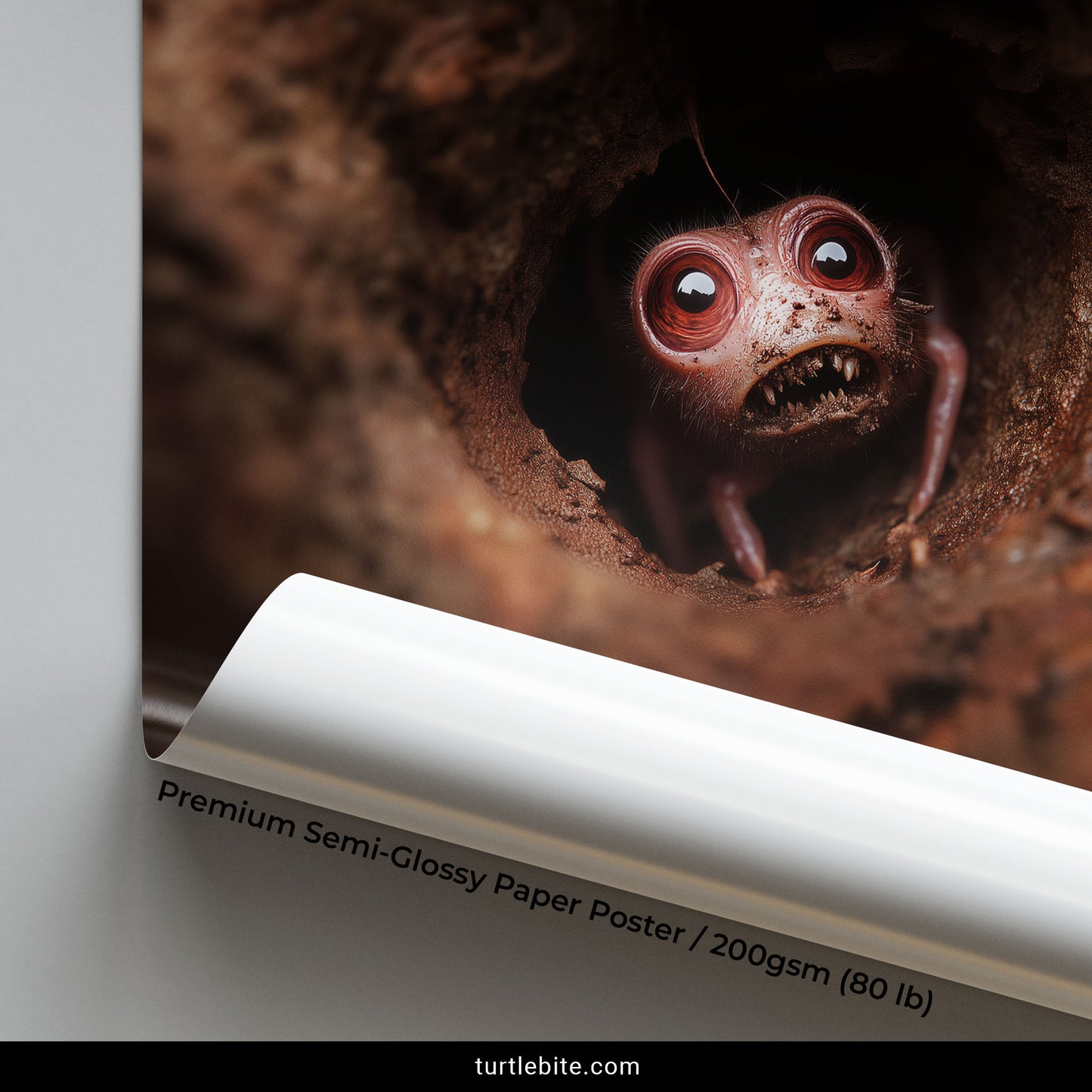 Close-up of gothic wall art poster showing a fanged creature burrowed in the ground