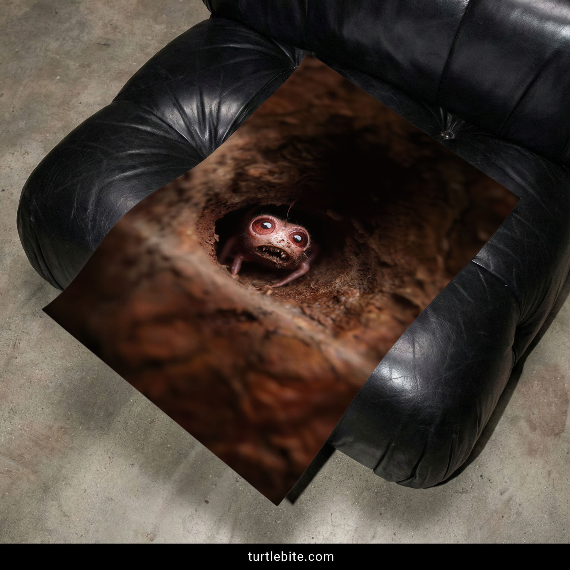 Dark whimsical surrealism print featuring a tiny monster with glowing red eyes in dirt