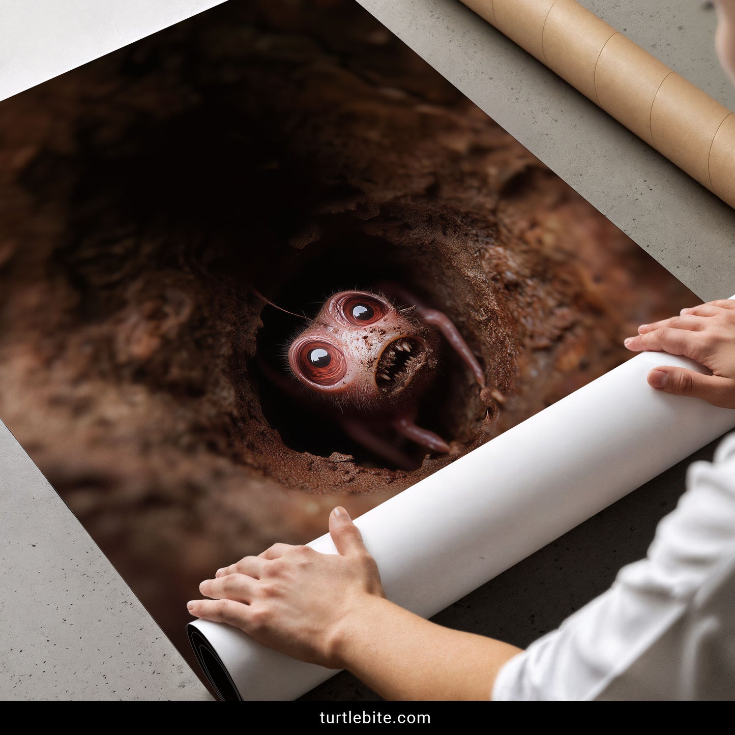 A large printed poster or art print showing a creepy alien-like creature peeking out of a dark dirt hole, being held open by hands on a light gray surface. A rolled print and cardboard shipping rolls are visible, with a black bar at the bottom reading turtlebite.