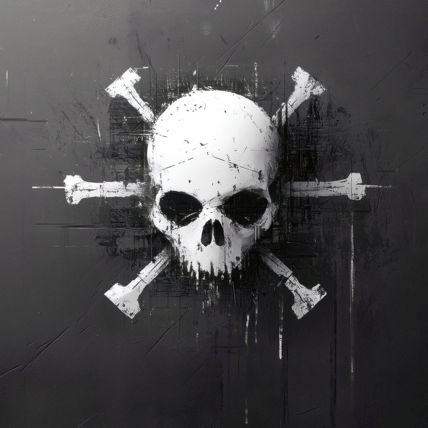 Gothic skull poster featuring weathered pirate crossbones in monochrome style