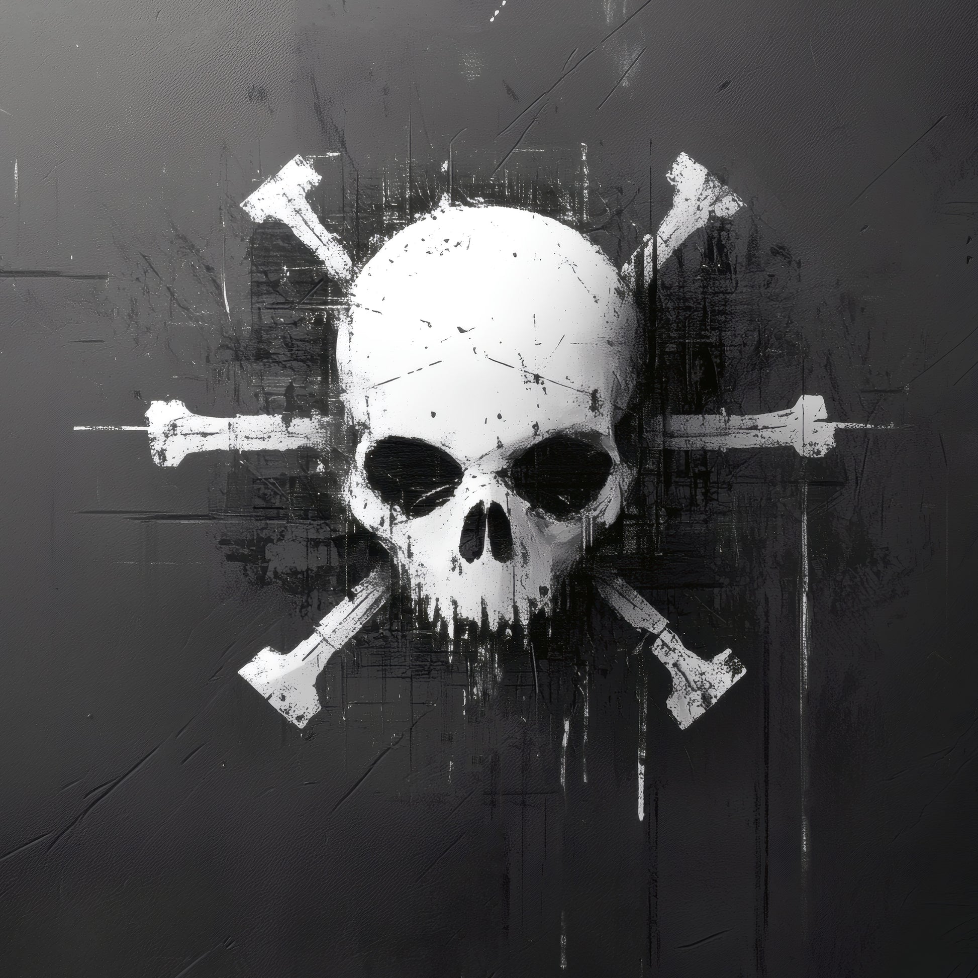 Gothic skull poster featuring weathered pirate crossbones in monochrome style