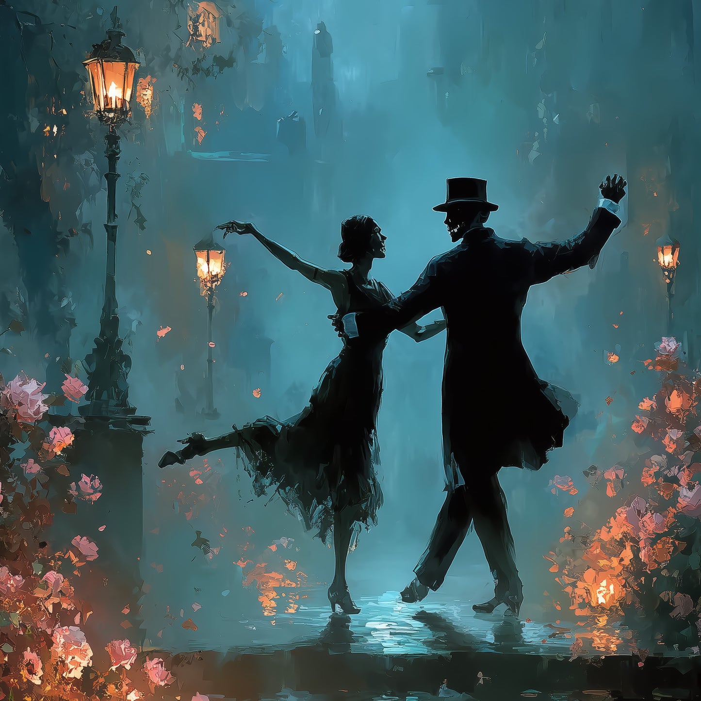 Gothic Victorian couple dancing in moonlit garden with roses and vintage lanterns, dark romantic wall art