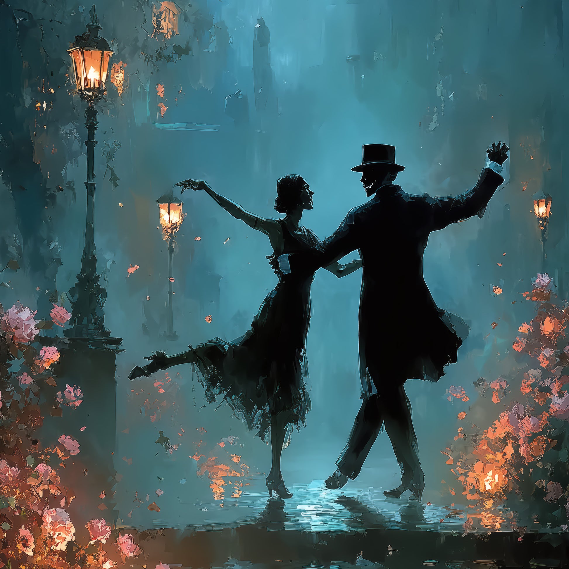 Gothic Victorian couple dancing in moonlit garden with roses and vintage lanterns, dark romantic wall art