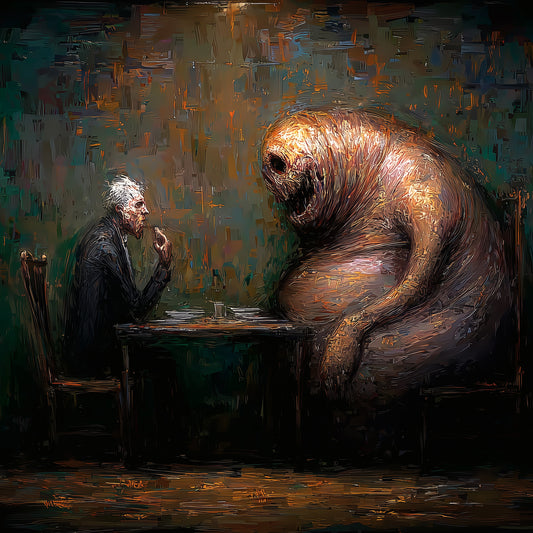 Gothic creature artwork showing mysterious dinner encounter with horror fantasy aesthetic