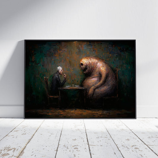 Dark art painting print featuring surreal dinner scene between man and monster in gothic style