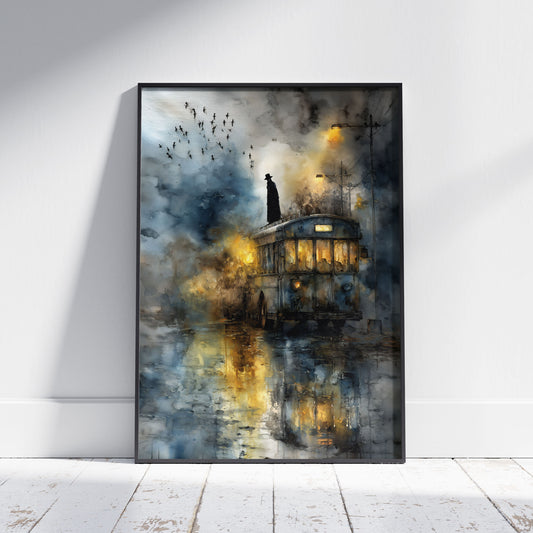 Dark art print featuring mysterious figure on vintage bus with crows in moody atmospheric setting