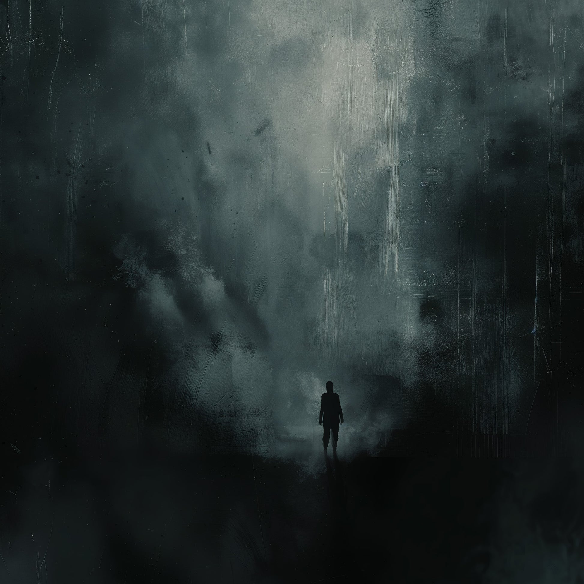 Dark art print of a lone silhouette standing in swirling mist and deep shadow, moody atmospheric wall art