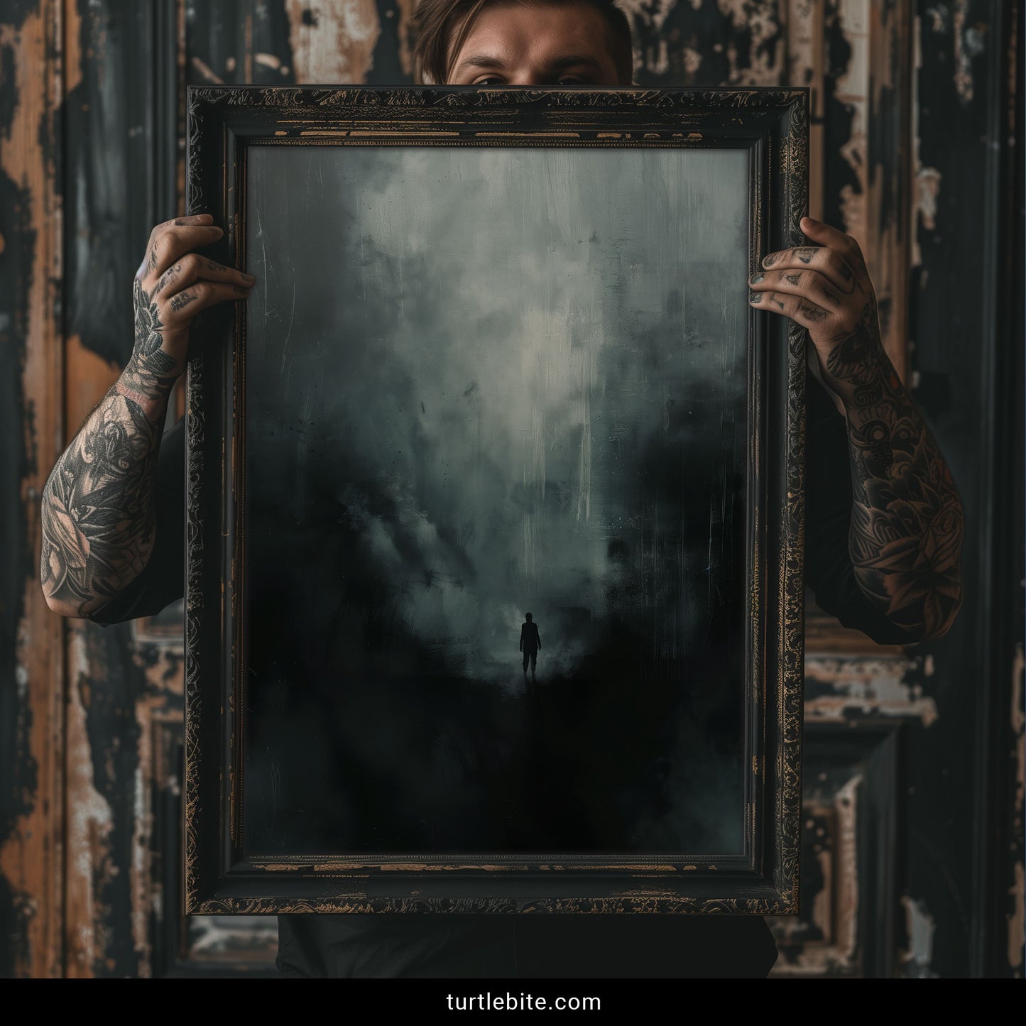 Surreal art poster featuring a small figure lost in an overwhelming dark void with painterly teal-grey tones